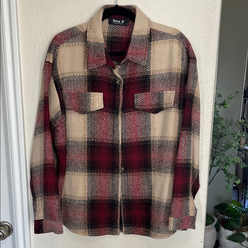 Blue B Red and Cream Plaid Button-Up Shacket